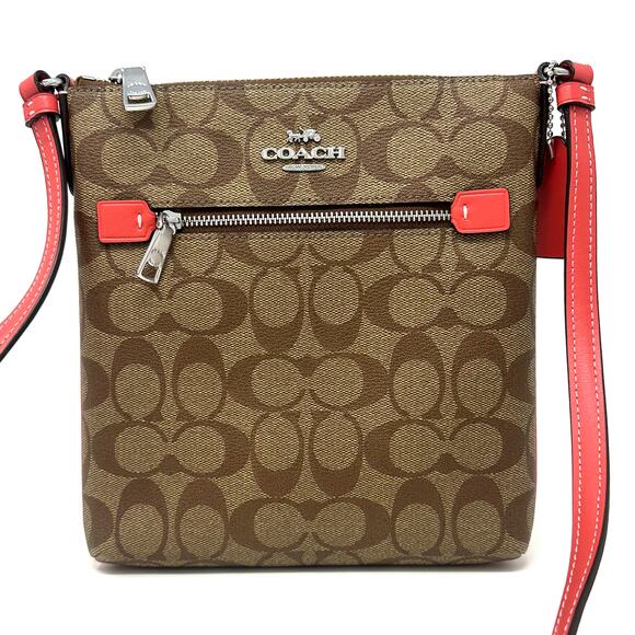 Coach Mini Rowan File Bag Crossbody In Signature Canvas Khaki Tangerine CF340 - Picture 1 of 5